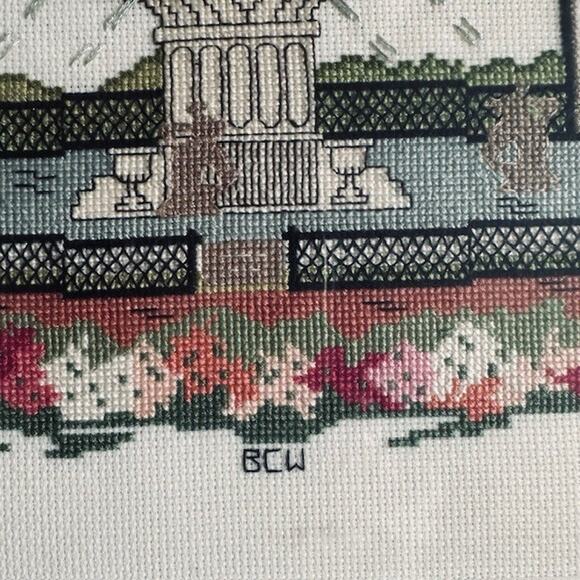 Vintage Needlepoint 16" Wood Framed Artwork, Forsyth Park, Savannah GA Folk Art - Picture 5 of 15